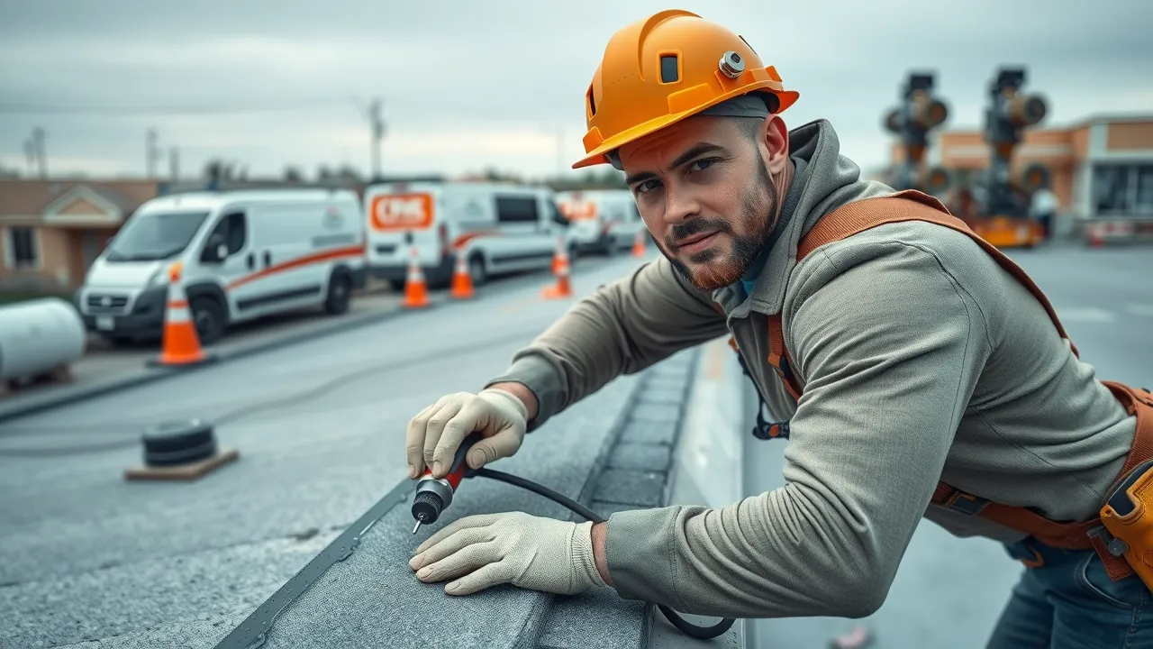 Professional roofer repairing a commercial flat roof in Carlsbad, NM—shingle seam work, modern tools, realistic safety gear.