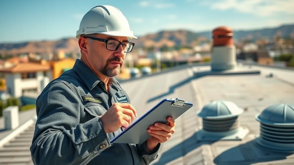 Inspector performing commercial roof inspection in Carlsbad, NM—capturing photos, detailed check with landscape in background.