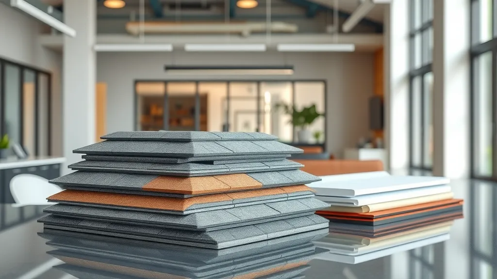 Display of commercial roofing materials: asphalt shingles, EPDM, TPO—samples on architectural table, photorealistic, high detail.