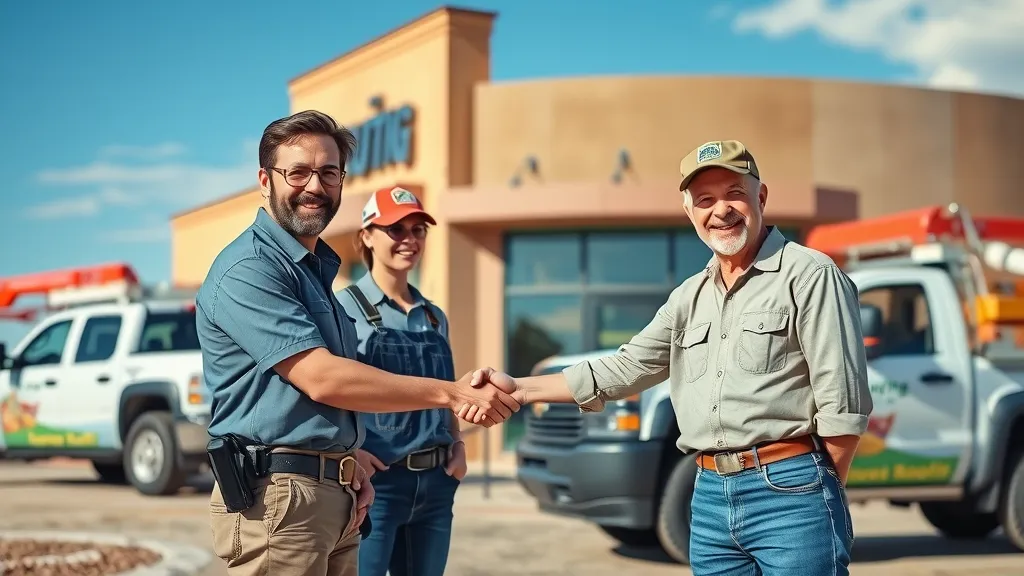 Friendly Carlsbad NM roofing contractor team shaking hands with commercial property owner, branded trucks in background—photorealistic.