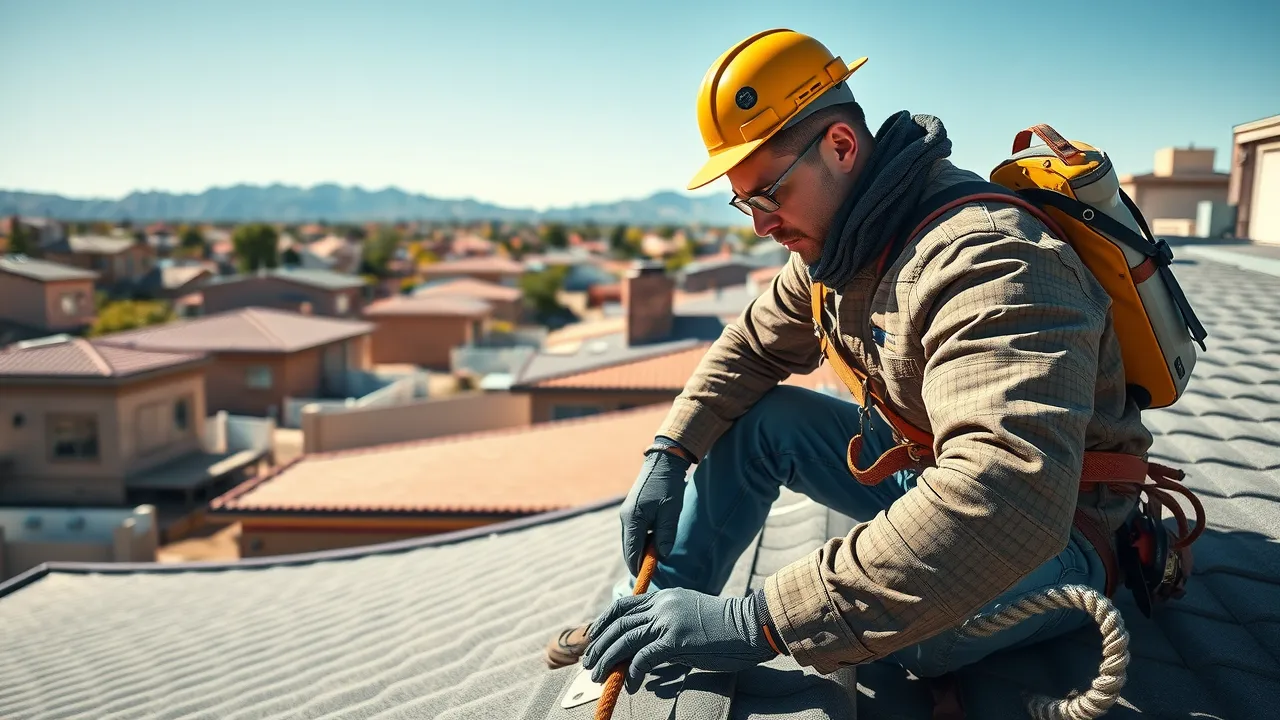 SE New Mexico roofing experts working on residential and commercial roofs in Carlsbad, captured in high texture and realism with professionals in branded uniforms and a scenic mountainscape background.