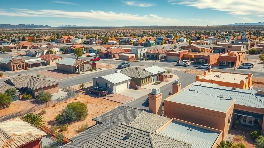 Aerial view of Carlsbad, Eunice, and Loving towns in New Mexico, showing well-maintained rooftops and smiling homeowners, with desert landscapes and bright skies.