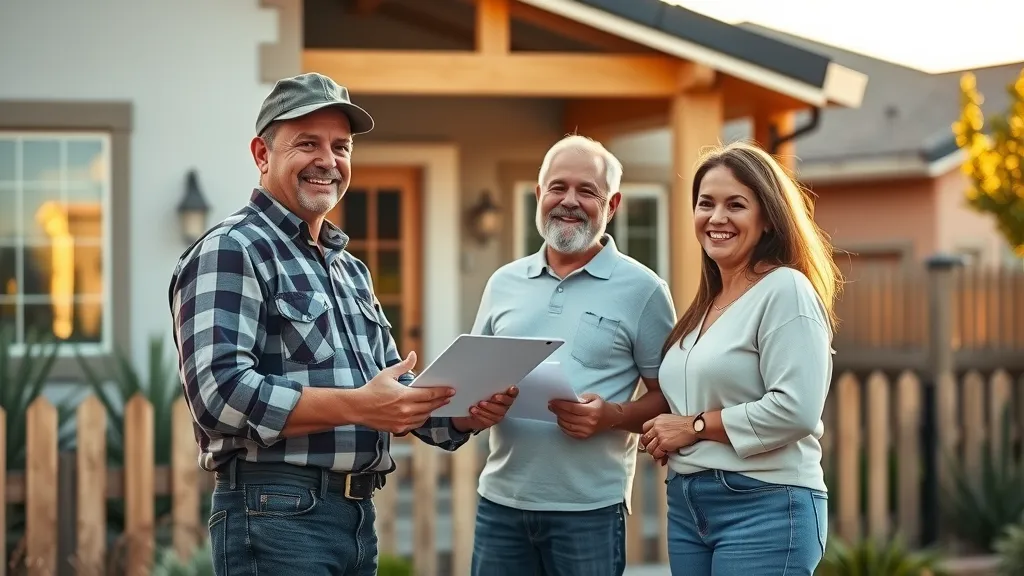 Professional roofing estimator in SE New Mexico, meeting with trusting homeowners in a sunny residential neighborhood to provide a free estimate.