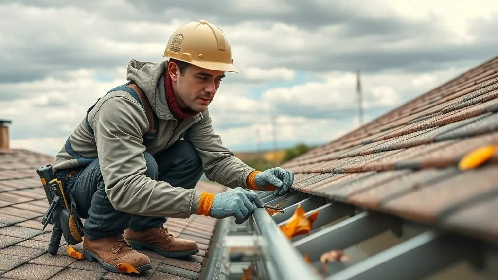 Roofing technician performing detailed gutter inspection in Southeast New Mexico, featuring blue sky and autumn leaves, focused on roof edge.