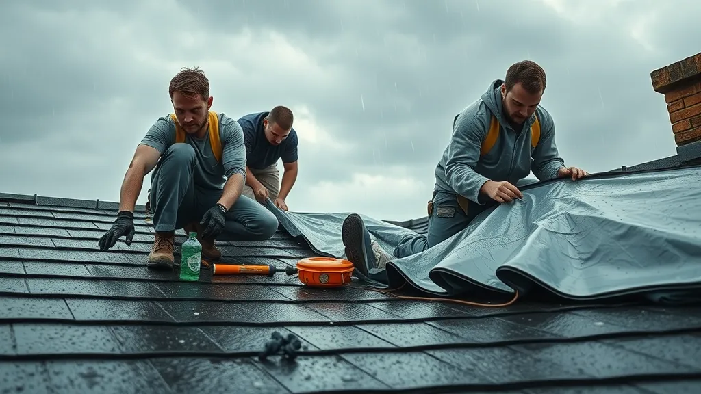 SE New Mexico roofing team performing urgent storm damage roof repairs, securing tarps on wet shingles under stormy sky.