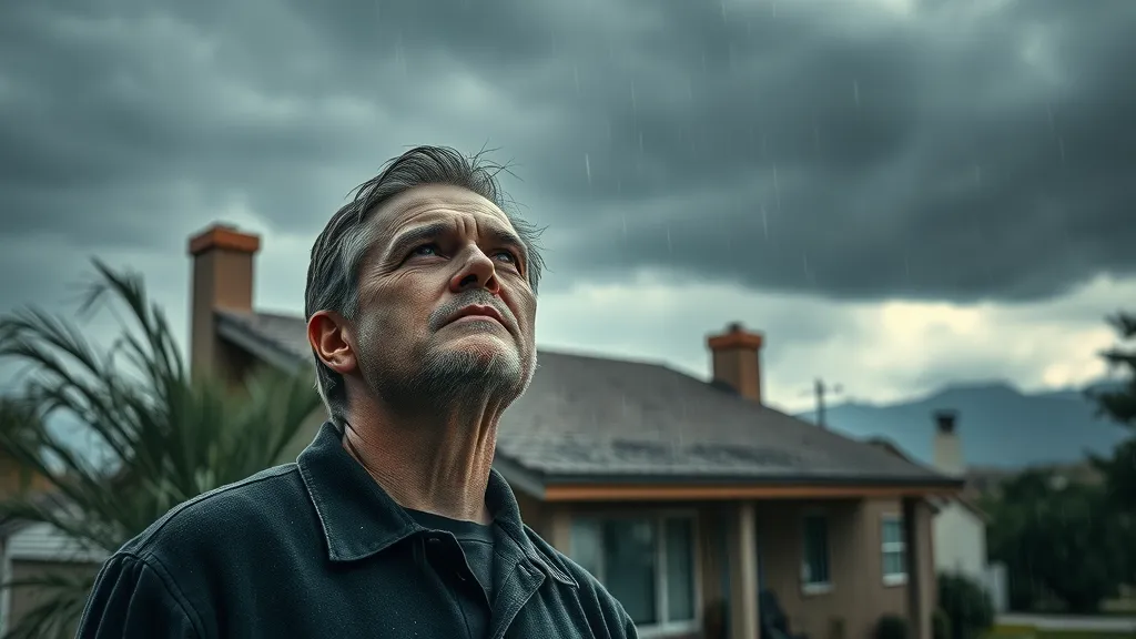 New Mexico home with storm damage, anxious homeowner, and visible rain, representing SE New Mexico roofing services responding to severe weather events