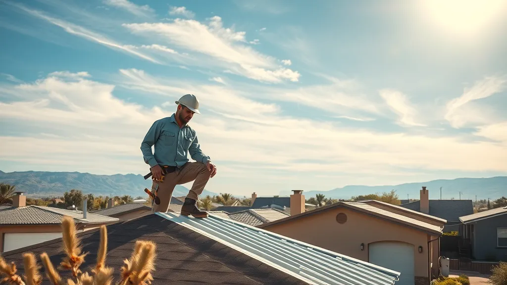 Modern New Mexico rooftops with metal roofing and rain gutters, showcasing regional roofing services under the sun