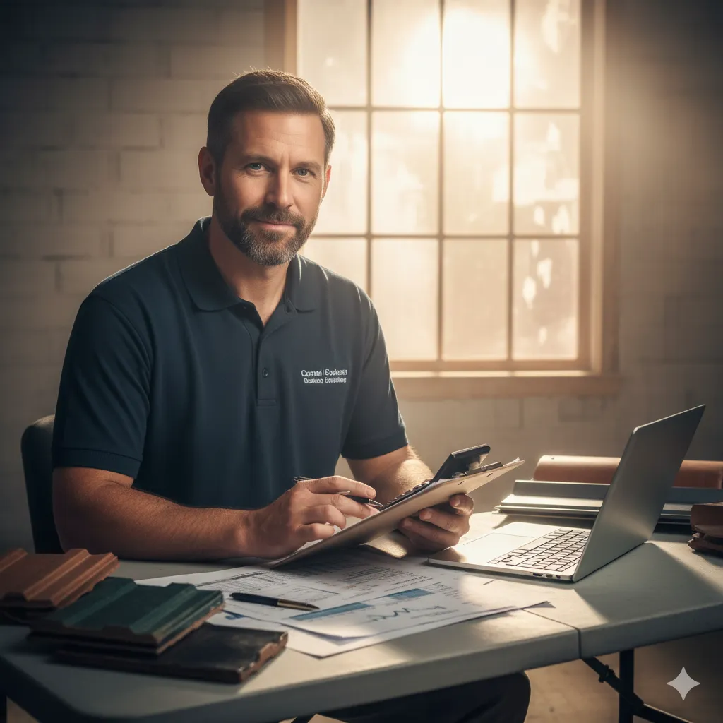 Professional roofing estimator reviewing cost sheets — in Carlsbad New Mexico