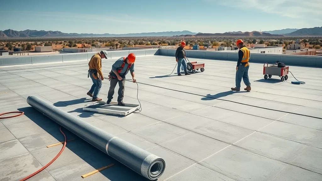 Commercial roofing in Carlsbad NM - Team installing flat roof membrane, business district view