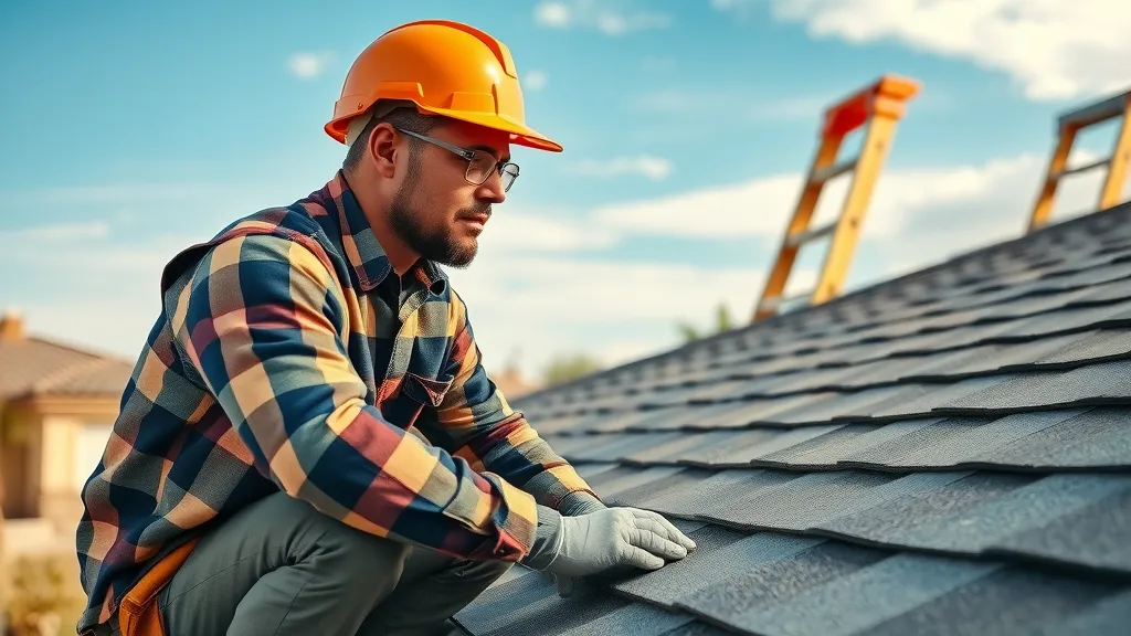 Roof repair Carlsbad NM - Roofing contractor inspecting shingle roof with tools, clear Carlsbad sky and desert plants