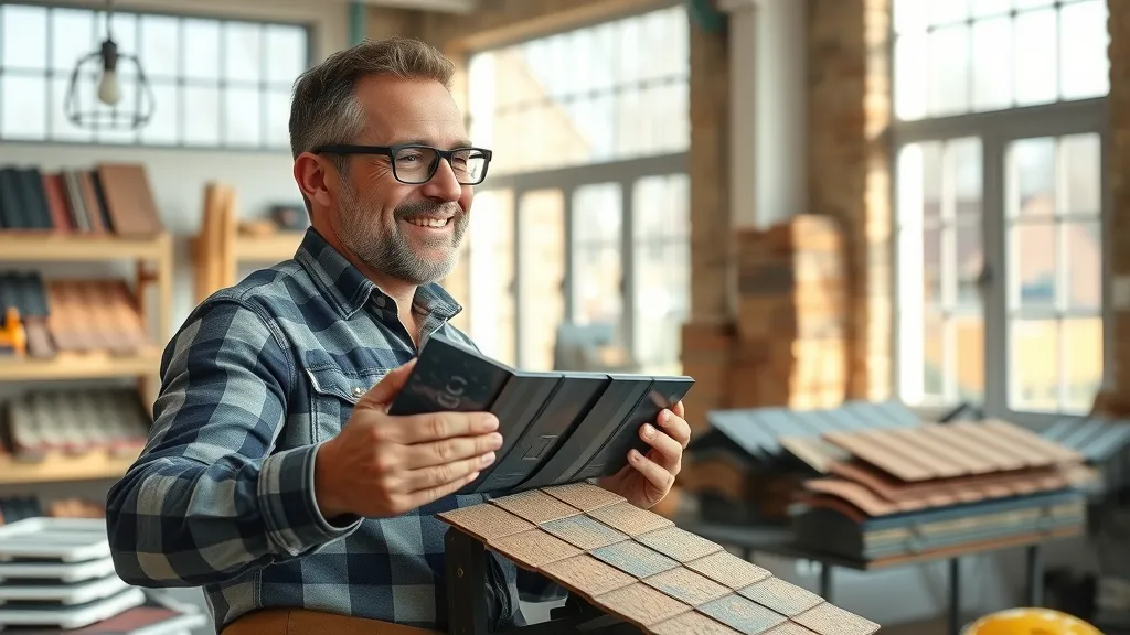 Roofing materials Carlsbad NM - Workbench with samples of shingle, tile, and metal