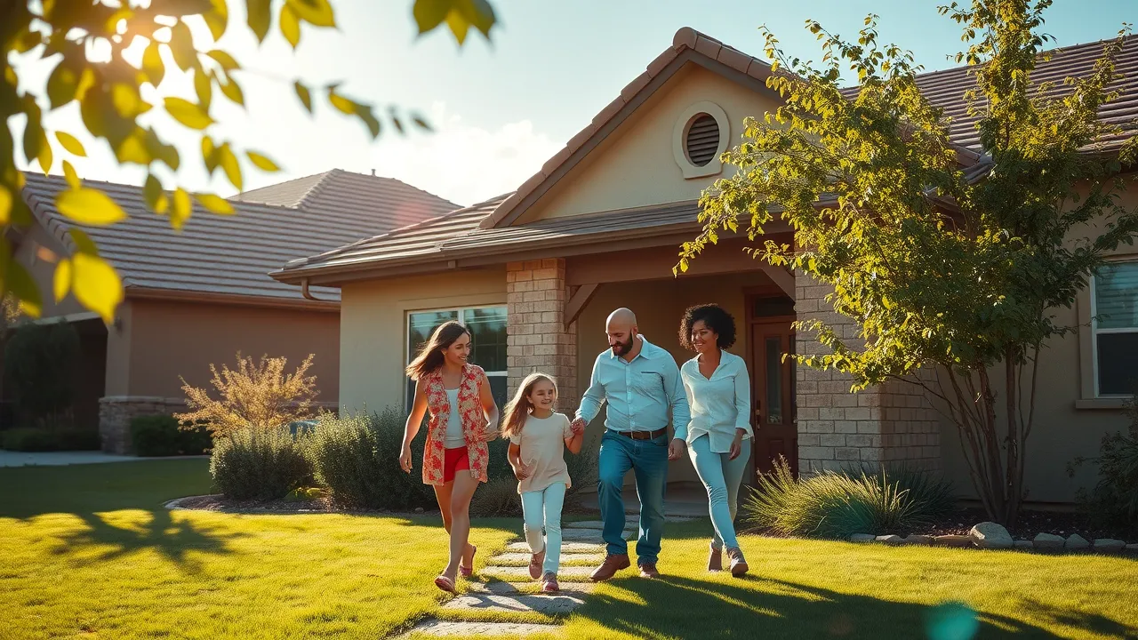 eunice roof replacement - Inviting suburban home exterior, family looking at roof with attentive expressions, pointing to minor shingle damage in a sunlit New Mexico neighborhood