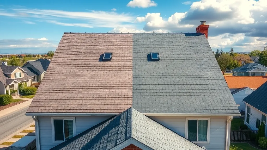 roof repair vs roof replacement in Eunice - Modern split-view house roof, half repaired and half newly replaced shingles in a Eunice neighborhood