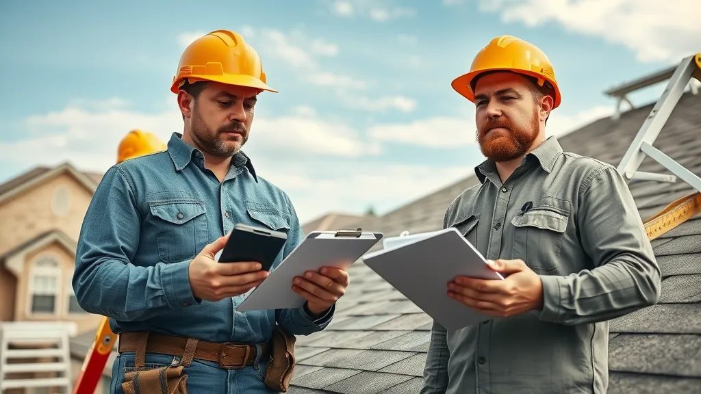 Professional Hobbs roofing contractors inspecting a residential roof in West Texas suburb with roofing materials and clear skies