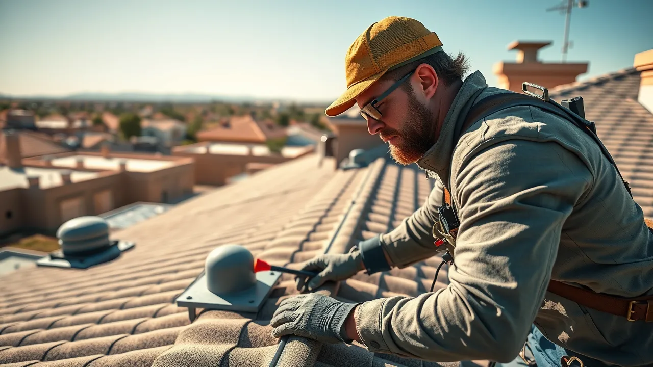 Roofing contractor inspecting a residential roof for preventive maintenance in Hobbs, overlooking desert landscape