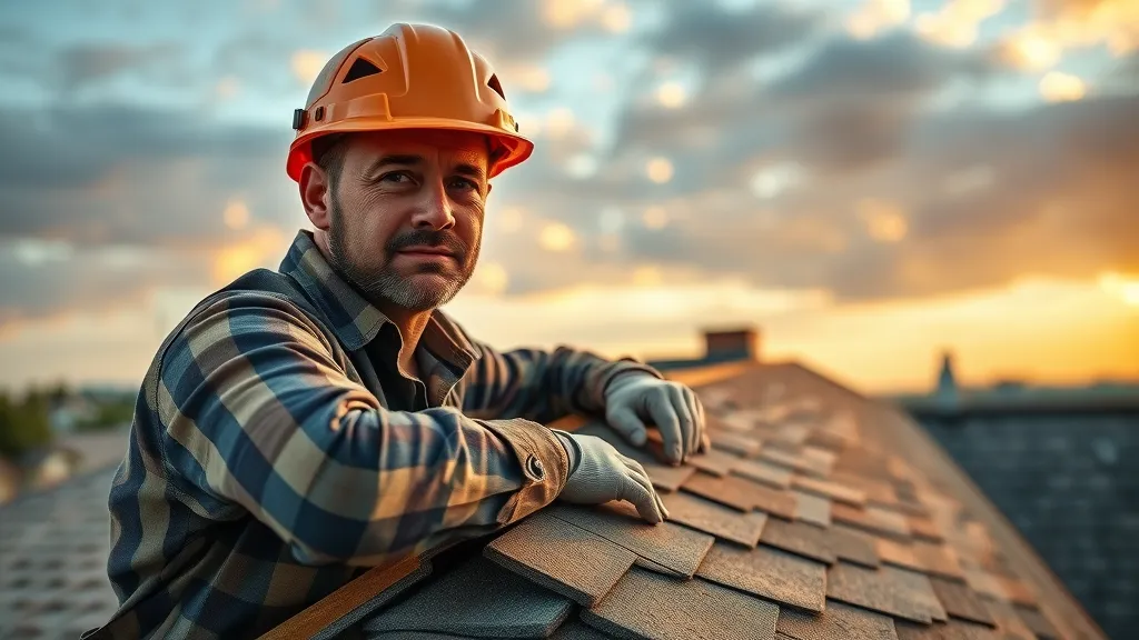 Skilled roofer replacing shingles on a Hobbs residential roof with visible layers and golden hour lighting