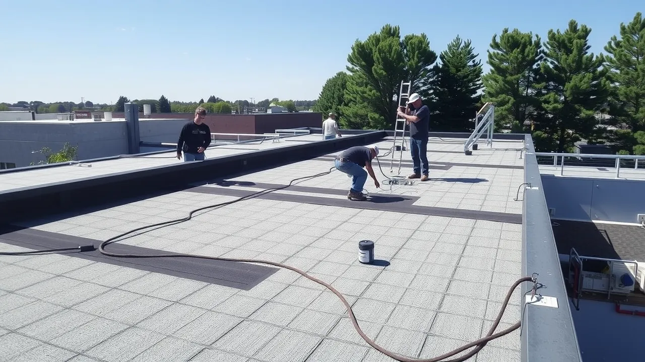 Roofing team installing new materials on a Hobbs commercial roof, city background, sunny with scattered materials