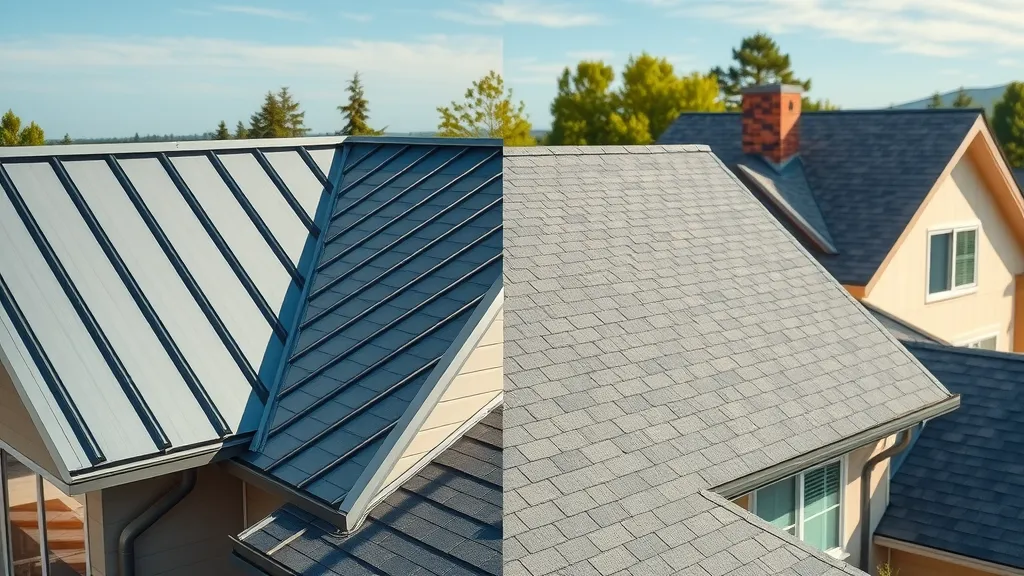 Modern home with metal roofing vs. neighboring home with traditional shingles in Hobbs, sunny neighborhood setting