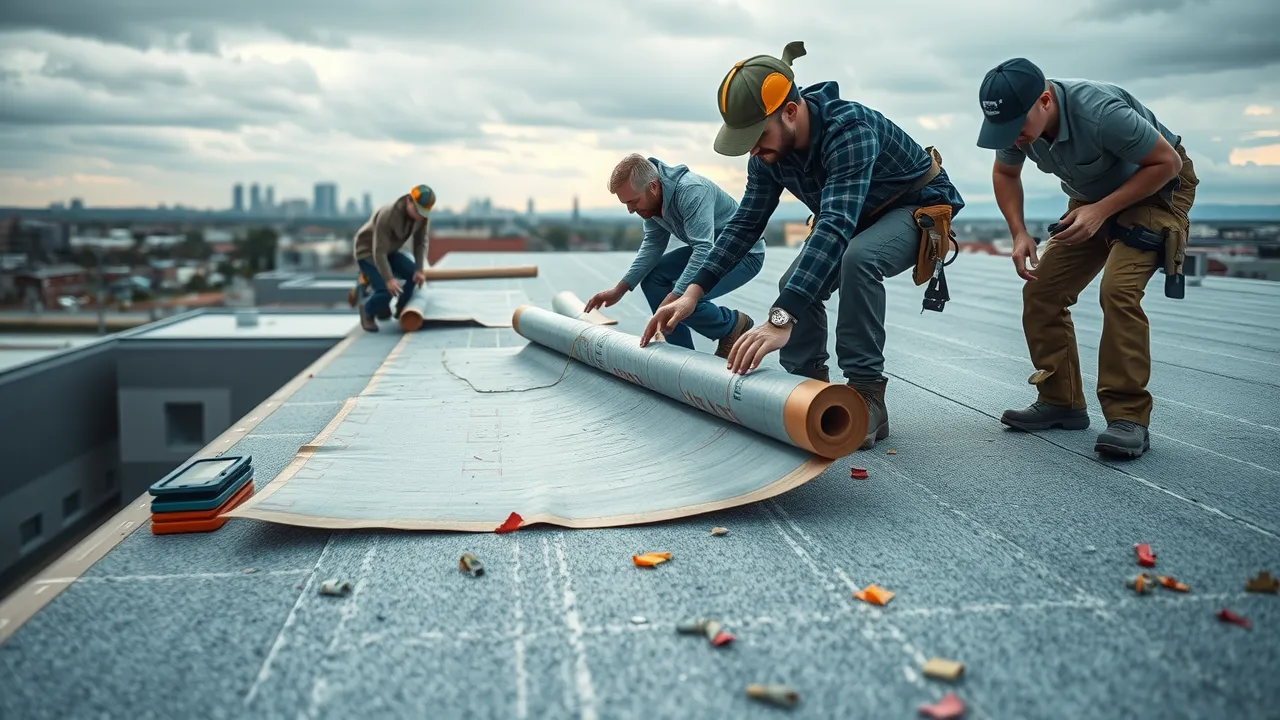 Roofing team installing new materials on a Hobbs commercial roof, city background, sunny with scattered materials