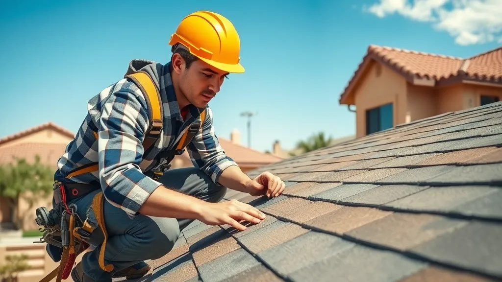 Professional roof inspector examining shingles on a southwestern-style home during a Roswell roof inspection