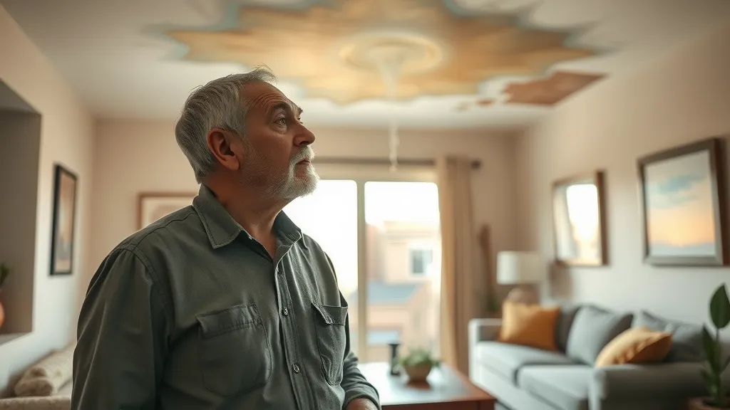 Concerned homeowner looking at a water stain on their ceiling after a roof leak in Roswell home