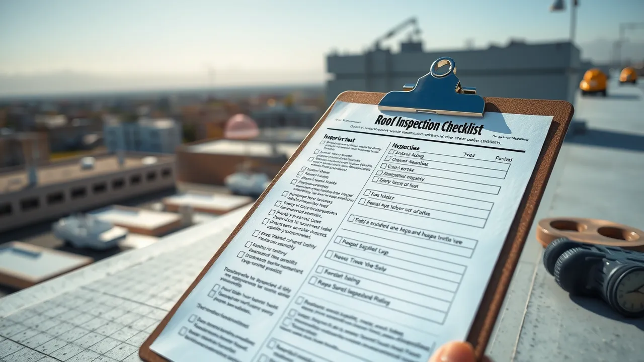 Close-up of a clipboard with a detailed Roswell roof inspection checklist and inspection tools