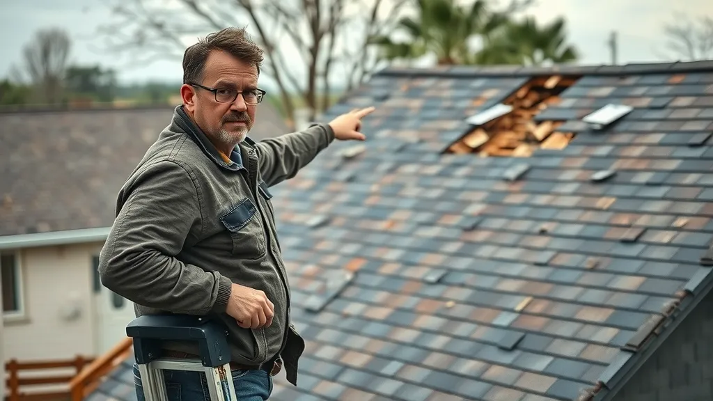 Damaged roof with missing shingles after a Roswell storm showing concern from a professional roof inspector