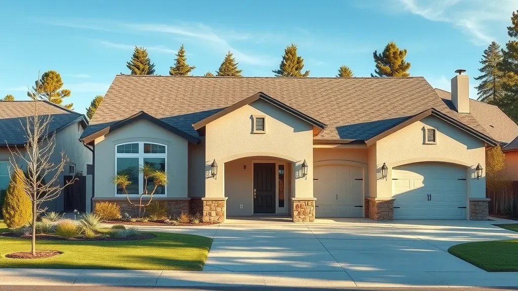 Modern suburban home with a pristine, well-maintained shingle roof in a mountainous Ruidoso New Mexico neighborhood, showcasing residential roofing quality and home protection.