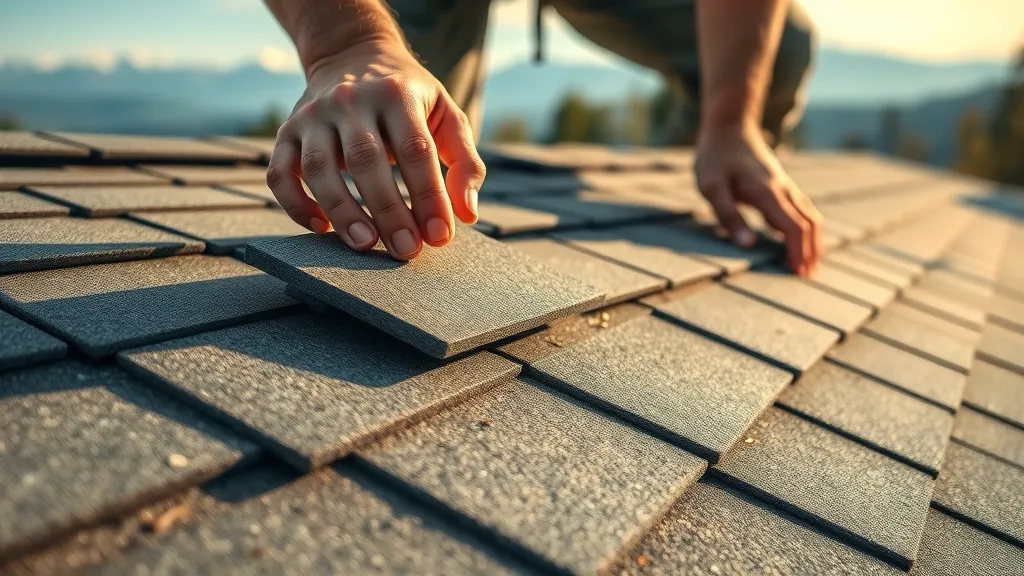 Hands installing asphalt shingles on a house roof, demonstrating a popular choice in Ruidoso residential roofing against a New Mexico mountain backdrop.