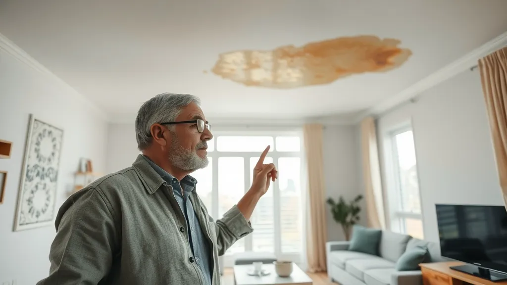 Homeowner inspecting a water-damaged ceiling for roof leaks in a Ruidoso residential home, a sign of needed roofing repair.