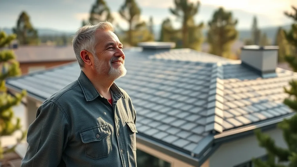 Homeowner admiring a newly completed, modern residential tile roof in Ruidoso, illustrating the benefits of quality construction.