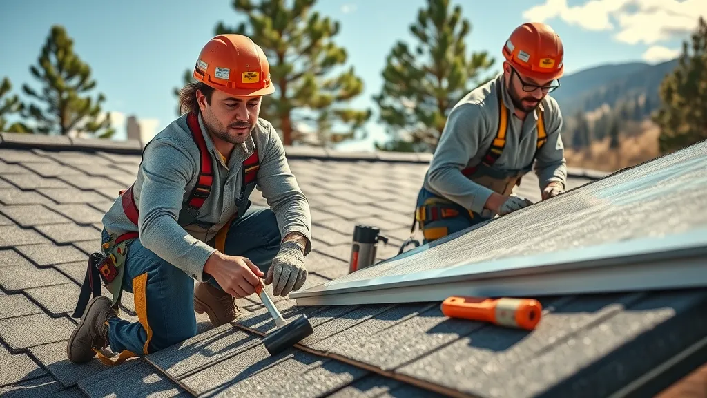 Roof repair in progress with skilled workers on a Ruidoso home, showcasing best practices in residential roofing and proper safety equipment.