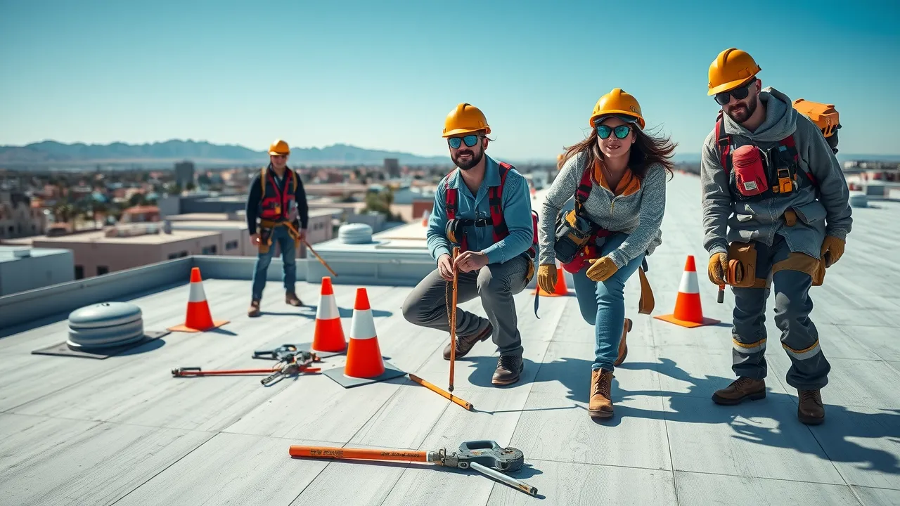 Crisp modern commercial rooftop with confident roofing crew performing inspection for Loving commercial roofing