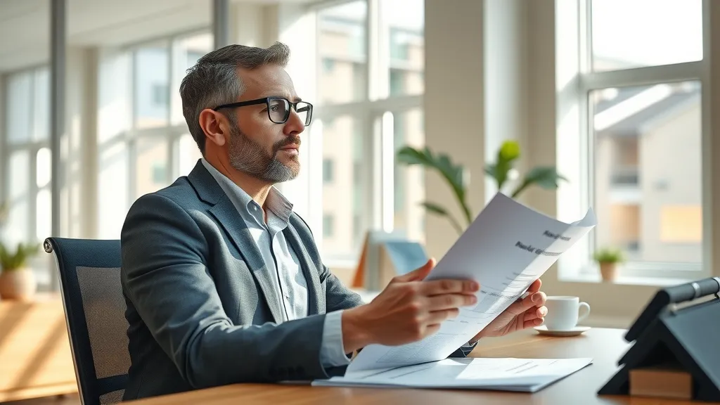 Business owner evaluating Loving commercial roofing estimates at desk with plans and roofing samples