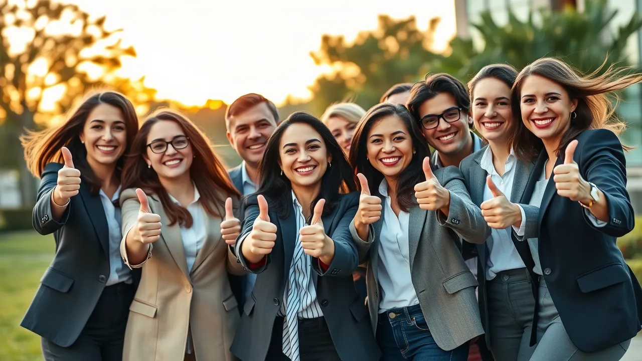 Business team celebrating new Loving commercial roofing project on rooftop during sunset
