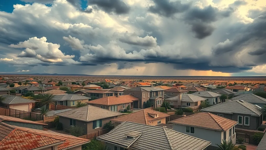 Dramatic aerial view of residential roofs in Carlsbad, New Mexico with signs of recent storm damage. Storm clouds loom over a neighborhood with desert vegetation. Highly detailed, dynamic wind and clouds, sharp textures, warm earth tones, natural sunlight. Shot with a wide-angle drone lens for roof inspection Carlsbad New Mexico.