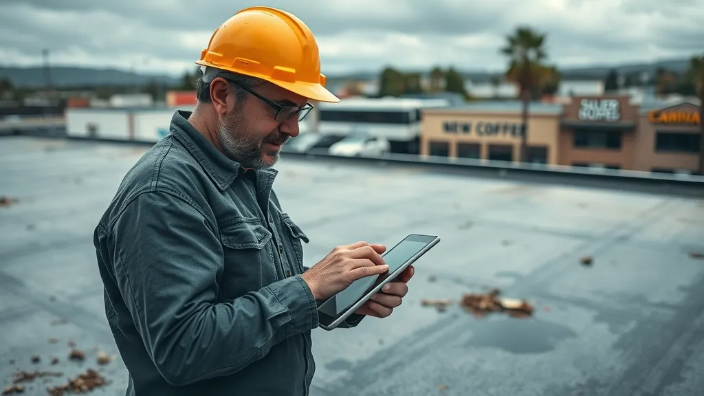 Seasoned roofing contractor inspecting a flat commercial roof in Carlsbad, NM after a storm. Digital tablet in hand, moody overcast lighting with wind-blown debris. Roof inspection process and storm damage assessment.