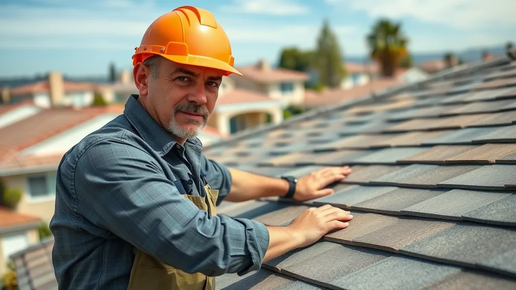 Professional roofing inspector in Carlsbad New Mexico, confidently performing detailed check on a pitched shingle roof. Photorealistic detail with clear skies and Carlsbad neighborhood background. Demonstrating certified roof inspection process.