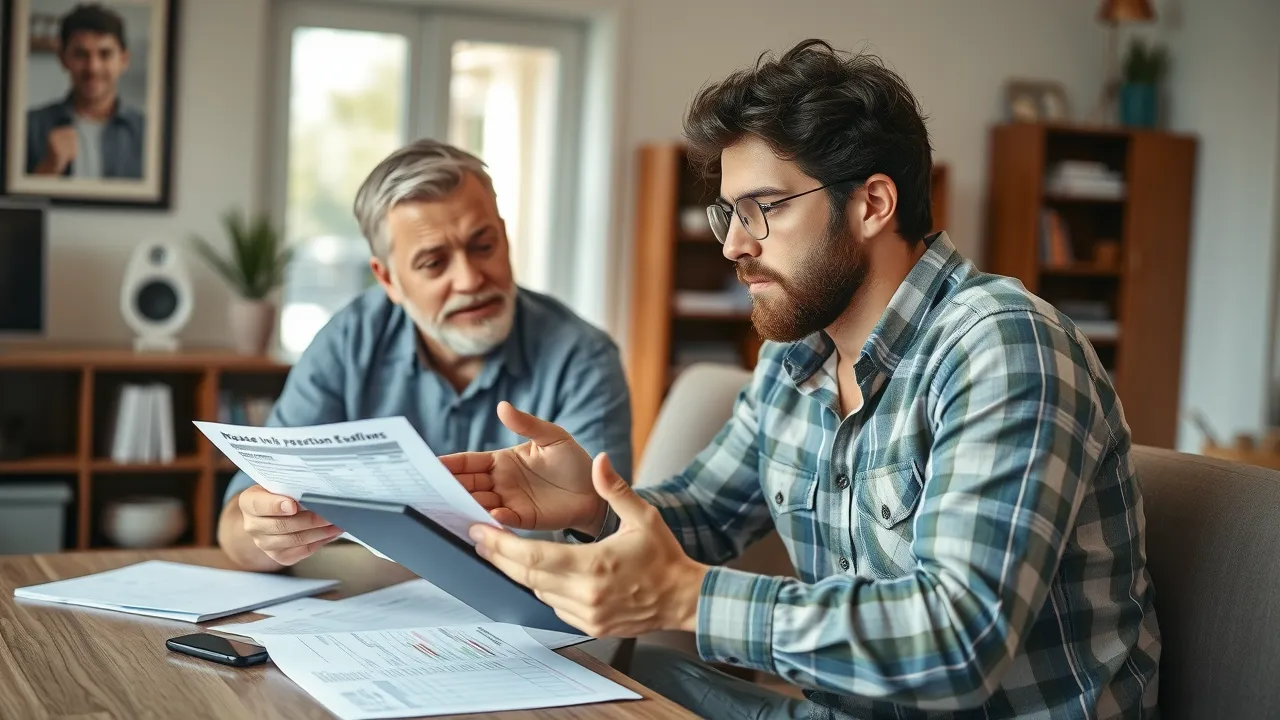 Customer reviewing roof inspection price estimate with roofing professional in Carlsbad, NM home office. Photorealistic, paperwork and digital tablet, showing transparent free estimate process.