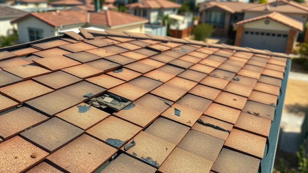 Close-up of damaged shingles and water stains on a residential Carlsbad roof. Dry desert environment and visible cracks, signs of roof leak or storm damage. Ideal for urgent roof inspection Carlsbad New Mexico.