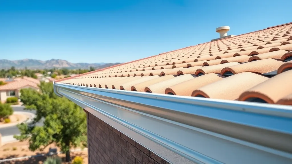 panoramic view of a well-maintained residential property in Carlsbad, New Mexico, showcasing pristine gutters along the roofline, clear blue skies, protective barrier, Photorealistic High Fidelity Lifelike, suburban neighborhood background with trees and desert landscape, highly detailed, sunshine glinting off the gutters, crisp clarity, vibrant and natural colors, daylight with soft shadow, shot with a wide-angle lens.