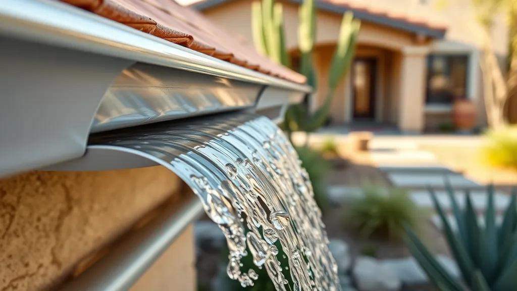 detailed close-up of water smoothly flowing through a newly installed seamless aluminum gutter attached to a Southwestern-style home, demonstration of effective drainage, Photorealistic High Fidelity Lifelike, stucco wall and landscaped yard in the background, highly detailed, motion of water droplets, clean silver tones, bright and natural morning light, shot with a macro lens.