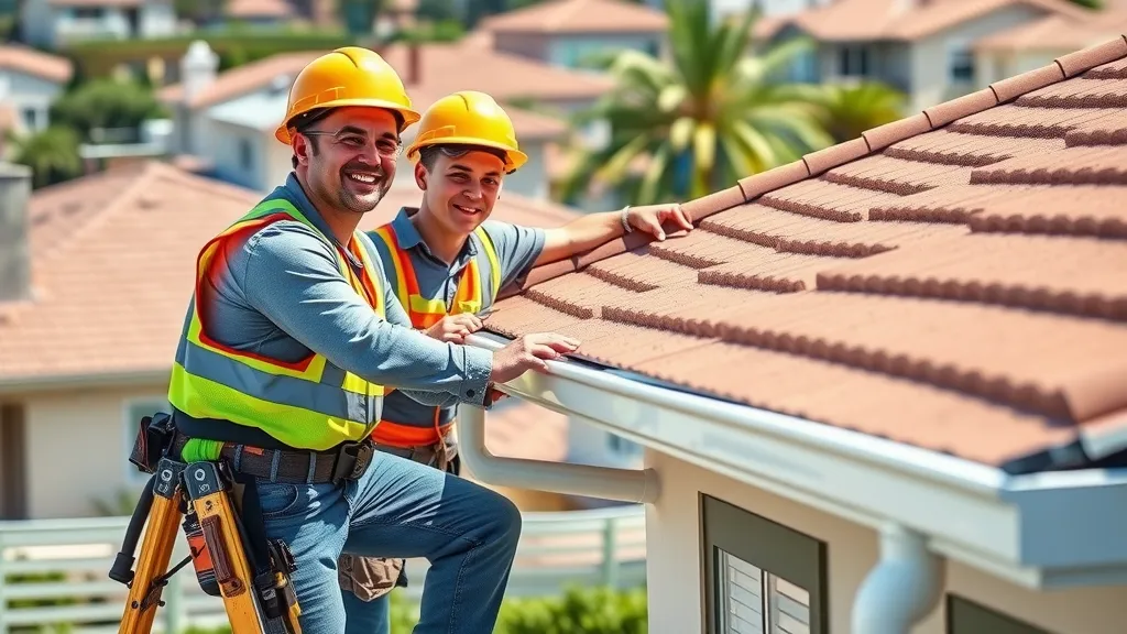 professional gutter installation team at work on a ladder, one installer wearing safety gear positioning a new gutter along the roof edge, cheerful teamwork, Photorealistic High Fidelity Lifelike, background features a Carlsbad residential neighborhood, highly detailed, tools and materials visible, modern color palette, bright sunny lighting, shot with a medium telephoto lens.
