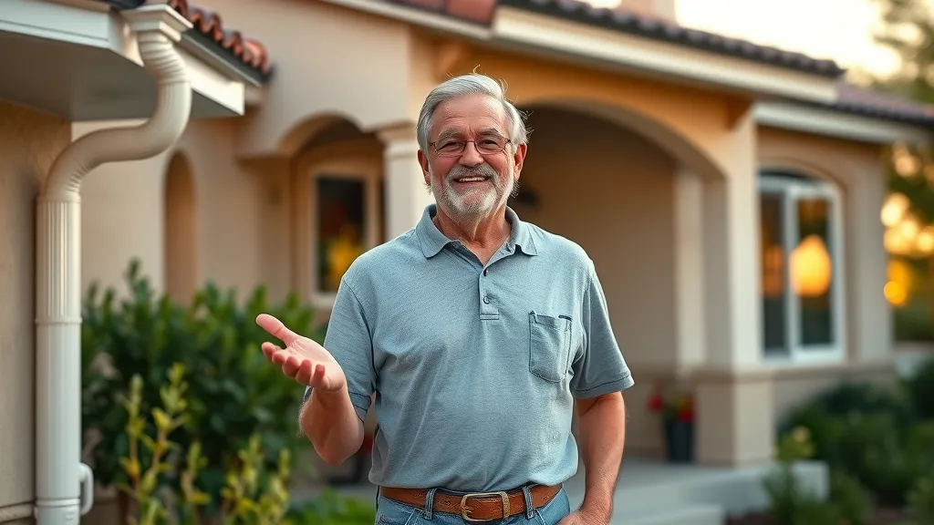 happy middle-aged homeowner standing at the entrance of a Carlsbad home gesturing contentedly toward freshly installed rain gutters, proud expression, Photorealistic High Fidelity Lifelike, home and landscaping visible in the background, highly detailed, smile and post-installation satisfaction, balanced warm colors, golden hour lighting, shot with an 85mm portrait lens.