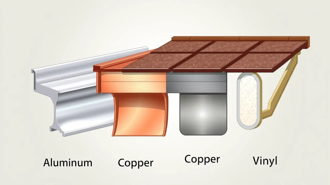 comparison image showing different sections of common gutter materials: aluminum, copper, and vinyl, each labeled by distinct color or finish for visual clarity, informative style, 2D Cartoon, simple neutral background with light gradient, highly detailed, clear distinctions between materials, vibrant but realistic color representation, soft box lighting, shot with a standard lens.