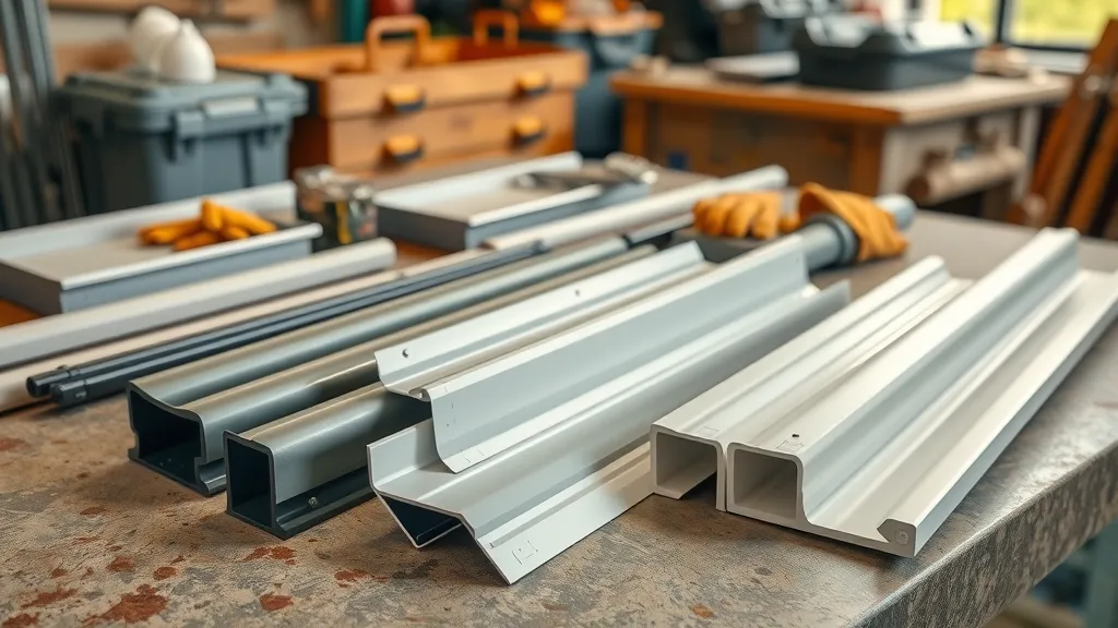clean, organized arrangement of gutter installation equipment and replacement gutter sections placed on a textured workshop table, focused preparation, Cinematic, neat toolboxes and construction gloves in the background, highly detailed, sense of readiness for work, soft earthy colors, warm natural lighting, shot with a top-down flat lay lens.