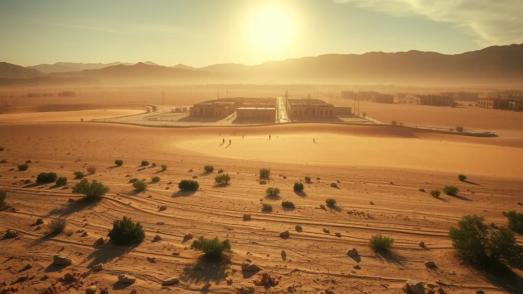 Scorching desert landscape with rooftops shimmering in the heat haze, showcasing roofing material performance in Carlsbad New Mexico desert heat