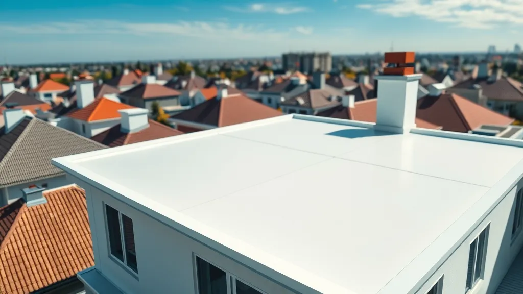 Modern home rooftop with cool white reflective surface, contrasting with traditional roofs, demonstrating a cool roofing system in Carlsbad New Mexico