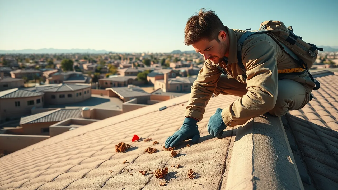 Rooftop maintenance in Carlsbad New Mexico, technician inspecting and cleaning a residential roof for longevity