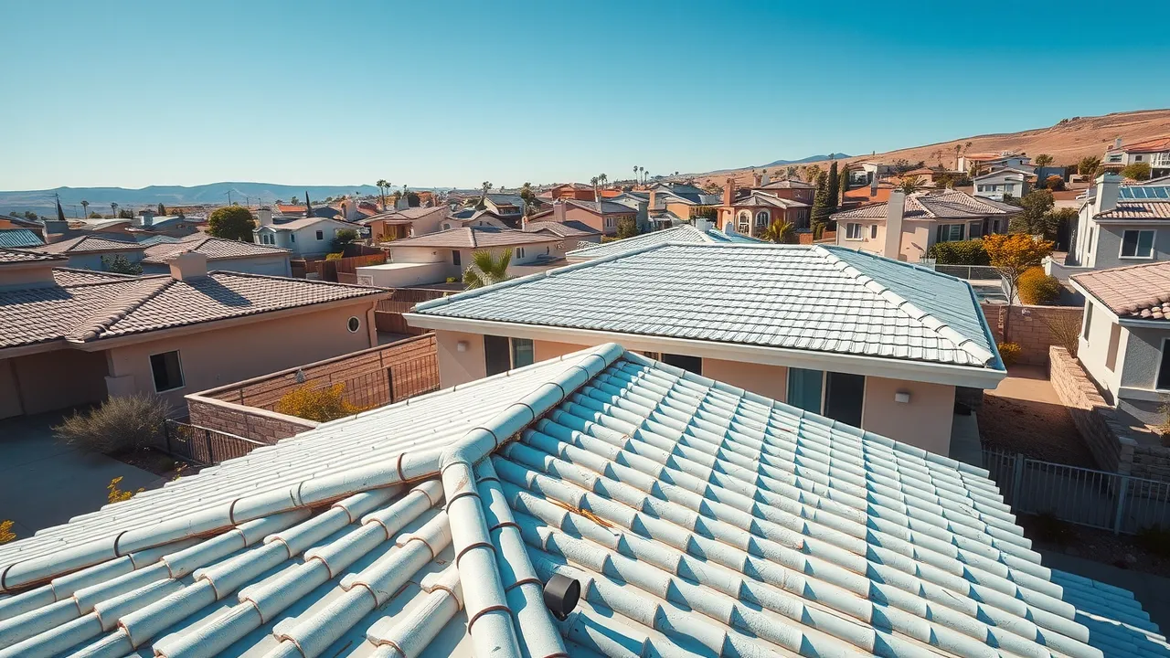 Modern residential home in Carlsbad CA with a pristine roof on a sunny day, showcasing clean lines and roof textures, suburban California neighborhood with palm trees and clear blue skies.